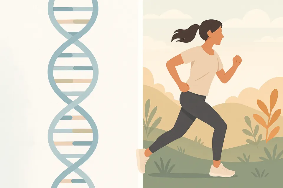 A DNA double helix beside a woman jogging, illustrating genes versus lifestyle in aging