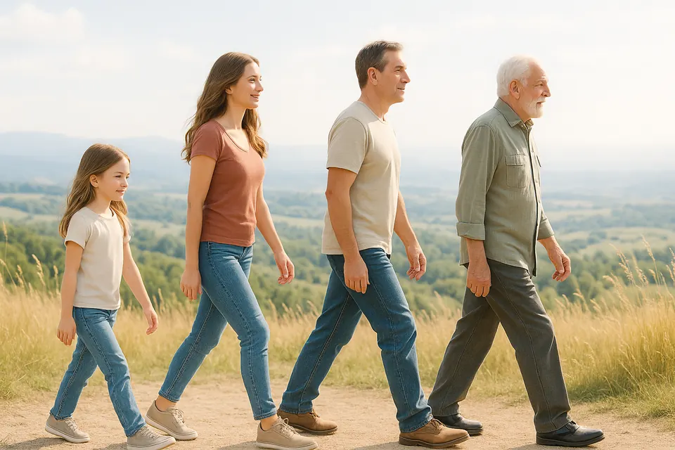 Four generations of one family walking together on a country path