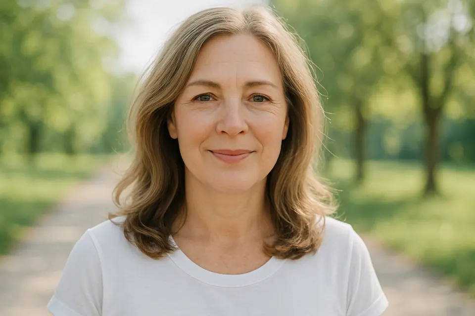 Woman in her 50s on a tree-lined path