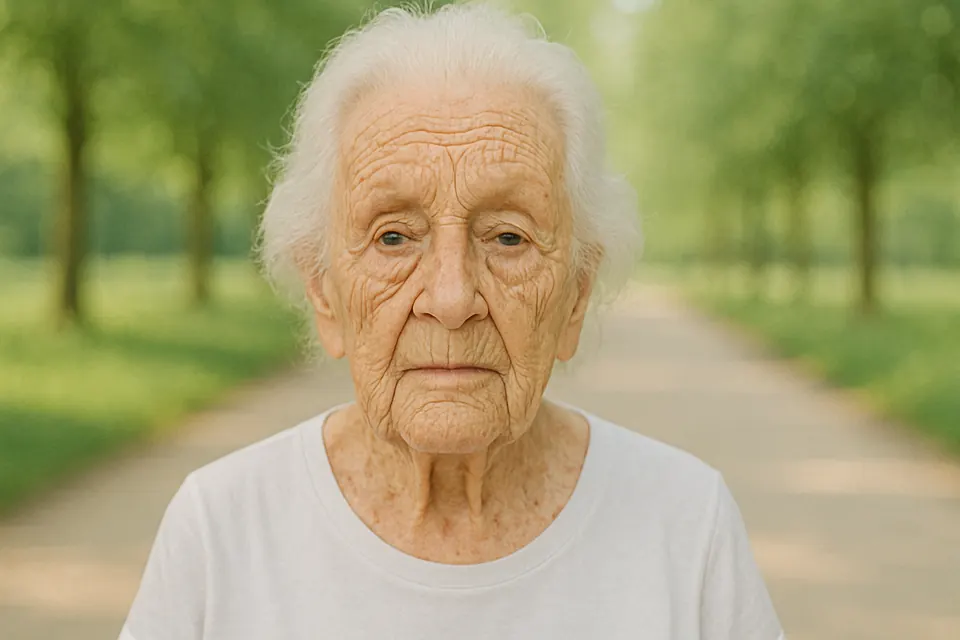 Woman in her 90s on a tree-lined path