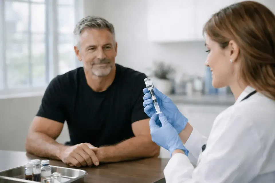 Clinician preparing an injection during a peptide therapy consultation at Functional Wellness & Aesthetics in Salem, Oregon